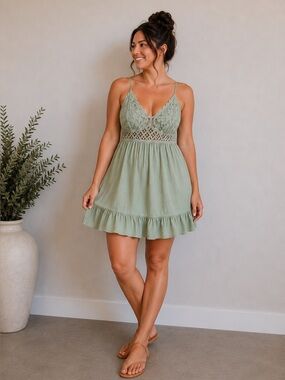 NWT Lace and Ruffled Slip Mini Sundress in Sage Green Size 2X